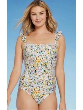 Kona Sol Ditsy Floral Ruffle Shoulder One Piece Swimsuit White Multicolor Size L